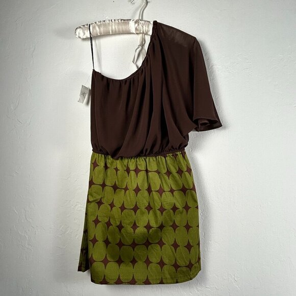 Vintage Judith March One Shoulder Dress Womens Medium Brown Green Short Party - Picture 1 of 8